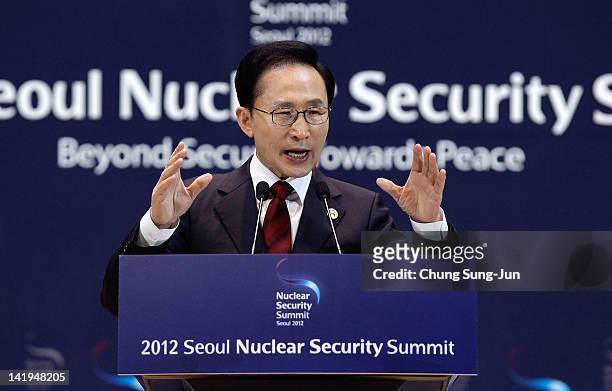 South Korean President Lee Myung-bak speaks during a press conference at the 2012 Seoul Nuclear Security Summit on March 27, 2012 in Seoul, South...