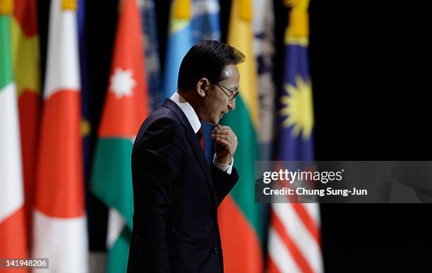 South Korean President Lee Myung-bak speaks during a press conference at the 2012 Seoul Nuclear Security Summit on March 27, 2012 in Seoul, South...