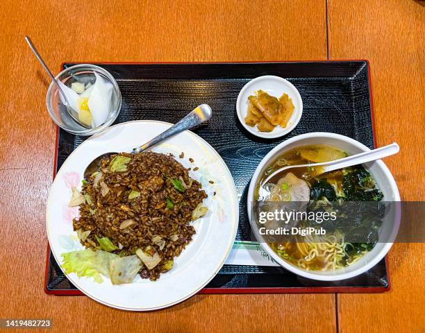 fried rice and noodle lunch teishoku meal - almond jelly stock pictures, royalty-free photos & images