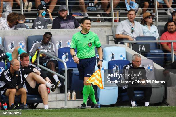 Referee Jeffrey Greeson looks on during a game between Houston Dynamo and Minnesota United FC at Allianz Field on August 27, 2022 in St. Paul,...