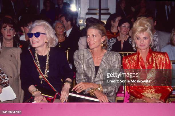 View of socialites Ann Slater and Ivana Trump attend a Paris Haute Couture Fashion show at the Paramount Hotel, New York, New York, September 5,...