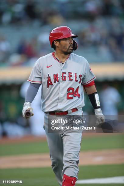 Kurt Suzuki of the Los Angeles Angels on the field during the game against the Oakland Athletics at RingCentral Coliseum on August 8, 2022 in...