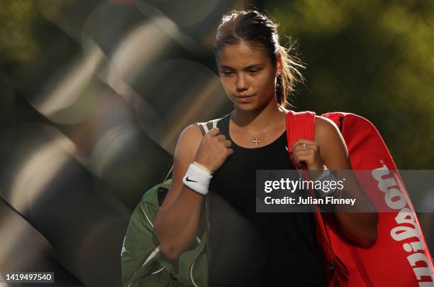 Emma Raducanu of Great Britain leaves her practice session ahead of her Women's Singles First Round match on Day Two of the 2022 US Open at USTA...