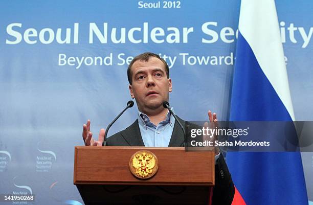 Russian President Dmitry Medvedev speaks during the Seoul Nuclear Summit on March 2012 in Seoul, Korea, World leaders have gathered at Seoul to...