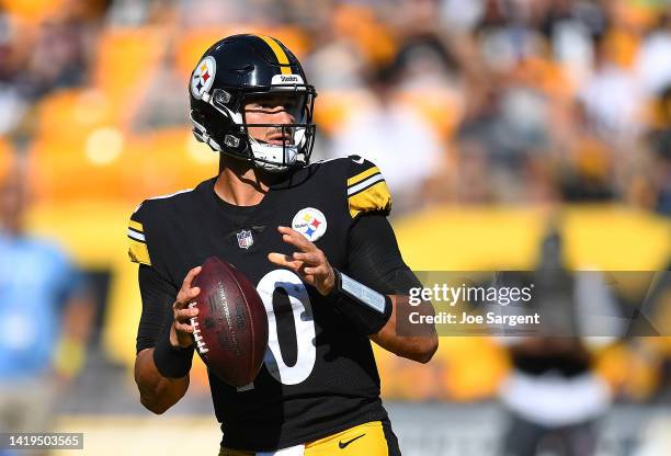Mitch Trubisky of the Pittsburgh Steelers in action during the game against the Detroit Lions at Acrisure Stadium on August 28, 2022 in Pittsburgh,...