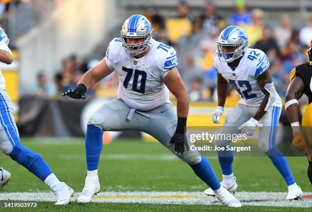 Dan Skipper of the Detroit Lions in action during the game against the Pittsburgh Steelers at Acrisure Stadium on August 28, 2022 in Pittsburgh,...