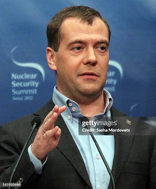 Russian President Dmitry Medvedev speaks during the Seoul Nuclear Summit on March 2012 in Seoul, Korea, World leaders have gathered at Seoul to...