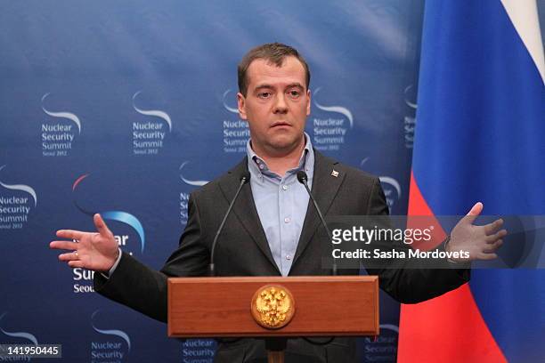 Russian President Dmitry Medvedev speaks during the Seoul Nuclear Summit on March 2012 in Seoul, Korea, World leaders have gathered at Seoul to...
