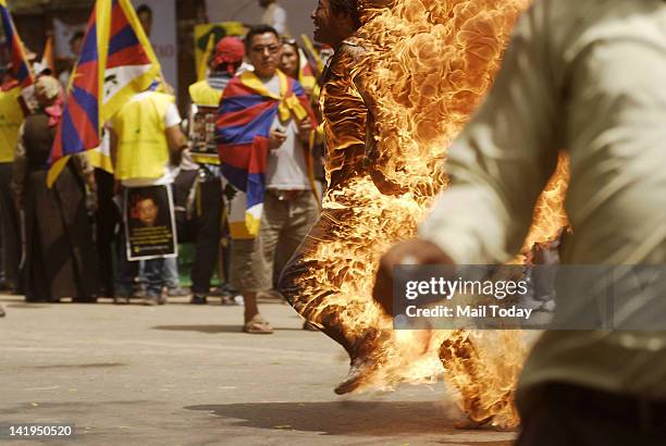 Tibetan man screams as he runs engulfed in flames after self-immolating at a protest in New Delhi, India, ahead of Chinese President Hu Jintao's...
