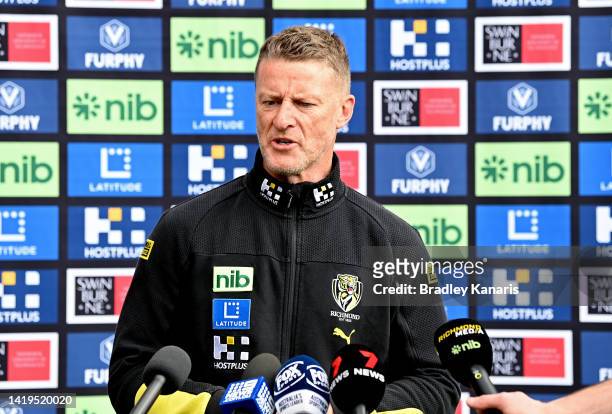 Coach Damien Hardwick speaks to the media during a Richmond Tigers AFL training session at The Gabba on August 31, 2022 in Brisbane, Australia.