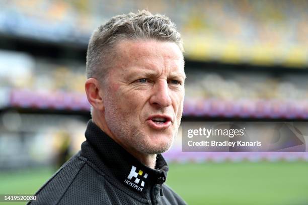 Coach Damien Hardwick speaks to the media during a Richmond Tigers AFL training session at The Gabba on August 31, 2022 in Brisbane, Australia.