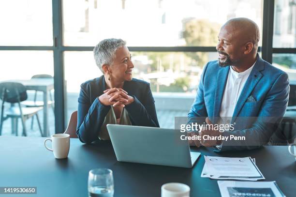 leadership, management and teamwork between ceo and senior manager in a business meeting in the office. leader and boss working as a team to plan the vision and mission for growth and development - gerente imagens e fotografias de stock