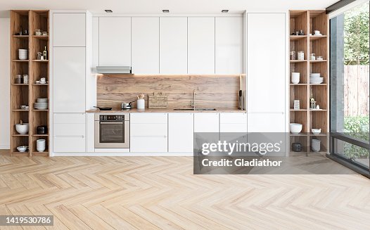 Modern white kitchen with rectangular breakfast kitchen island with stools Modern white kitchen with rectangular breakfast kitchen island with stools