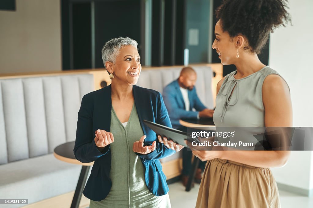 Communication, consulting and planning, business women meeting in the work lobby. A woman in leadership, ceo, team leader or coaching mentor, collaboration and motivation for office employee success