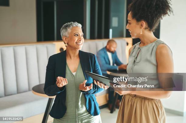 communication, consulting and planning, business women meeting in the work lobby. a woman in leadership, ceo, team leader or coaching mentor, collaboration and motivation for office employee success - senior executives bildbanksfoton och bilder
