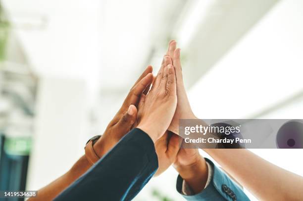 high five, partnership success and teamwork collaboration with mission for growth, deal and goal support. hand of business people together for winner, community motivation and celebrate team building - team building imagens e fotografias de stock