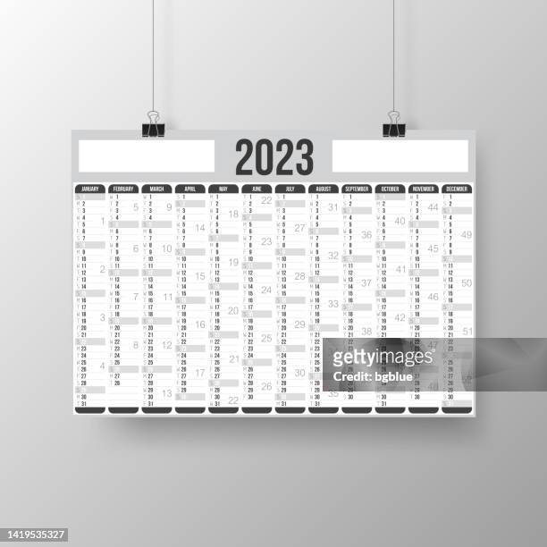 ilustraciones, imágenes clip art, dibujos animados e iconos de stock de calendario 2023 - póster en brackground gris - calendario pared