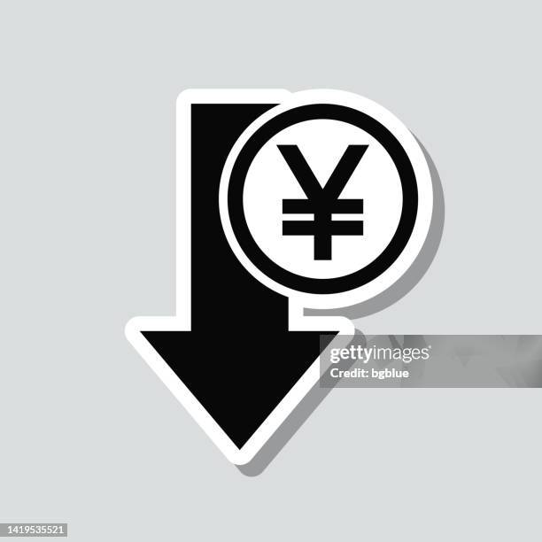 yen decrease. icon sticker on gray background - cost decrease icon stock illustrations