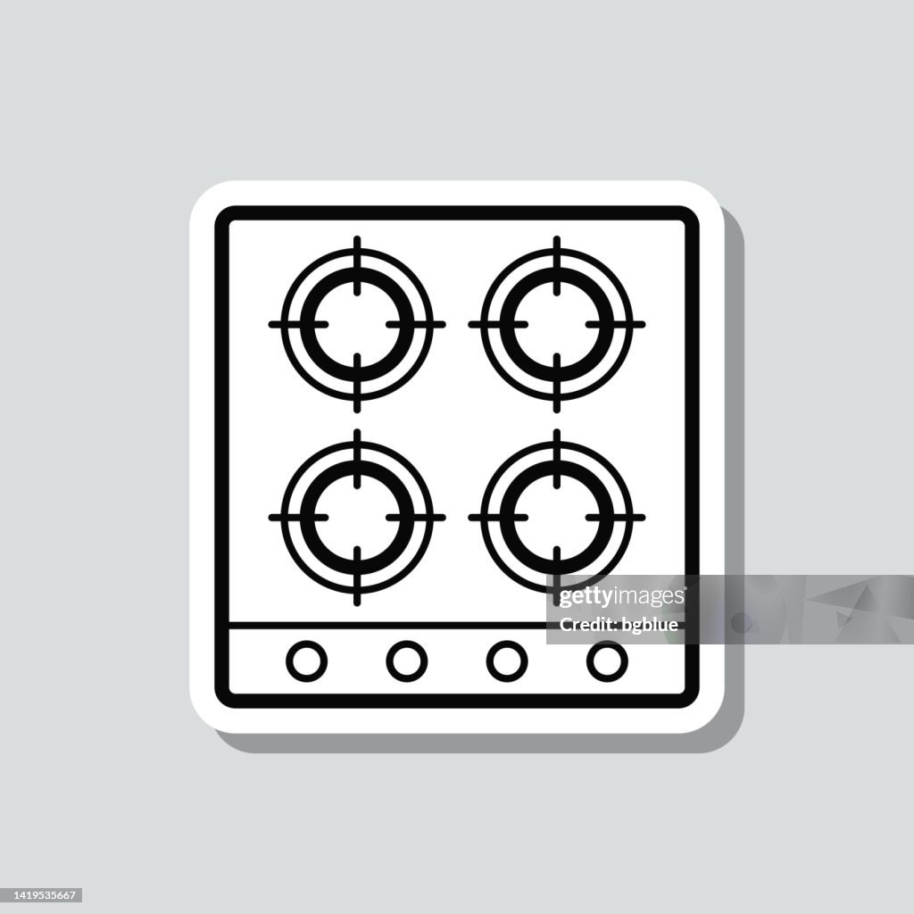 Gas stove - top view. Icon sticker on gray background