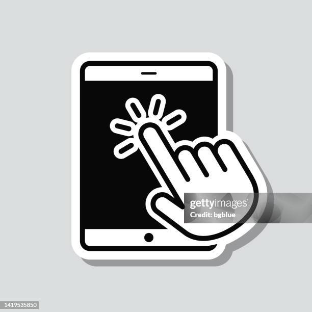 touch tablet pc with hand. icon sticker on gray background - hand tapping iphone stock illustrations