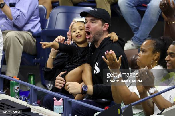 Alexis Ohanian, husband of Serena Williams of USA and their daughter Olympia Ohanian Jr during day 1 of the US Open 2022, 4th Grand Slam event of the...