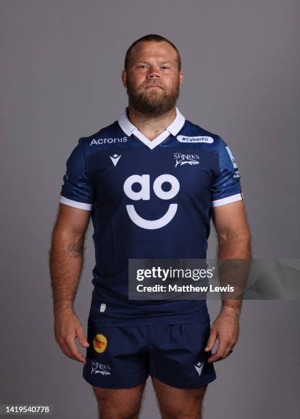 Akker van der Merwe of Sale Sharks poses for a portrait during the squad photocall for the 2022-2023 Gallagher Premiership Rugby season at Carrington...