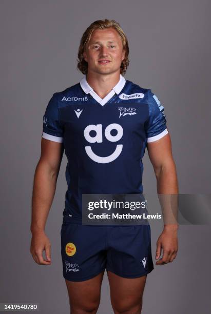 Tommy Taylor of Sale Sharks poses for a portrait during the squad photocall for the 2022-2023 Gallagher Premiership Rugby season at Carrington...