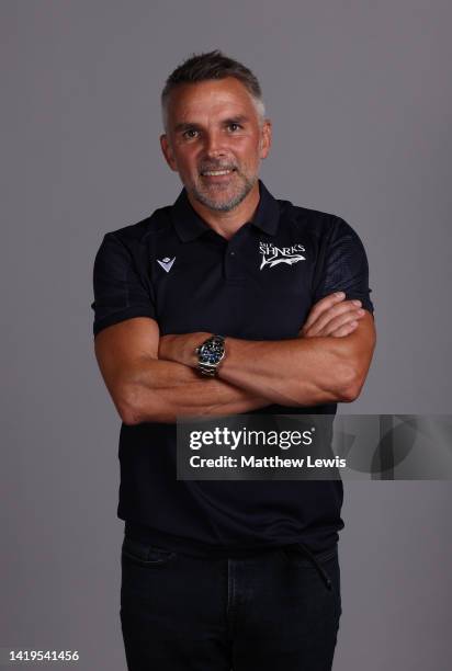 Sid Sutton of Sale Sharks poses for a portrait during the squad photocall for the 2022-2023 Gallagher Premiership Rugby season at Carrington Training...