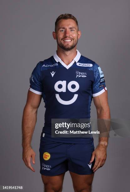 Sam Hill of Sale Sharks poses for a portrait during the squad photocall for the 2022-2023 Gallagher Premiership Rugby season at Carrington Training...