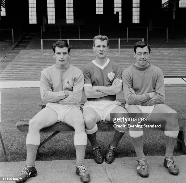 Leicester City players, British footballer George Heyes, British footballer Ian King , and British footballer Gordon Banks , pose for a portrait...