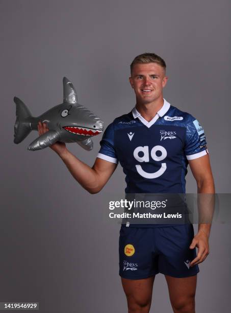 Tom Curtis of Sale Sharks poses for a portrait during the squad photocall for the 2022-2023 Gallagher Premiership Rugby season at Carrington Training...