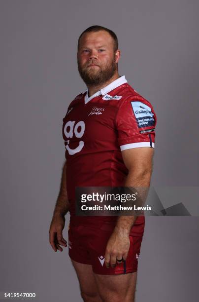 Akker van der Merwe of Sale Sharks poses for a portrait during the squad photocall for the 2022-2023 Gallagher Premiership Rugby season at Carrington...