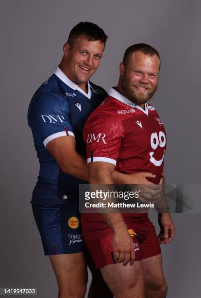 Akker van der Merwe and Nic Schonert of Sale Sharks poses for a portrait during the squad photocall for the 2022-2023 Gallagher Premiership Rugby...