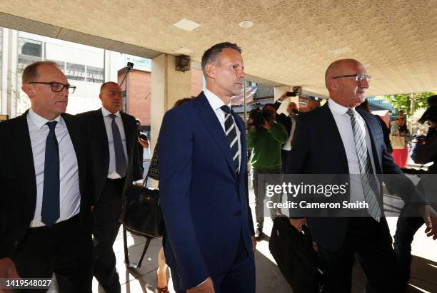 Ryan Giggs arrives at Manchester Crown Court with his legal team on August 31, 2022 in Manchester, England. The former Manchester United midfielder...