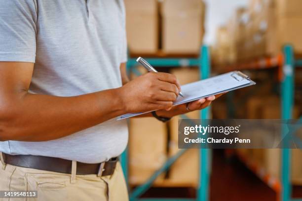 shipping, logistics and delivery worker planning industrial supply chain manufacturing in warehouse. wholesale manager writing paper for cargo stock, courier export and production in factory industry - warehouse inventory stock pictures, royalty-free photos & images