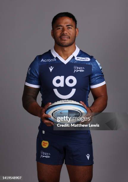 Manu Tuilagi of Sale Sharks poses for a portrait during the squad photocall for the 2022-2023 Gallagher Premiership Rugby season at Carrington...