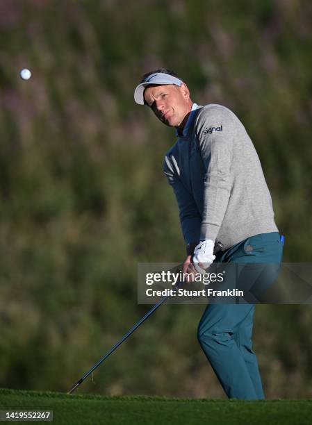 Ryder Cup Captain Luke Donald of England plays a shot during the pro - am prior to the Made in HimmerLand at Himmerland Golf & Spa Resort on August...