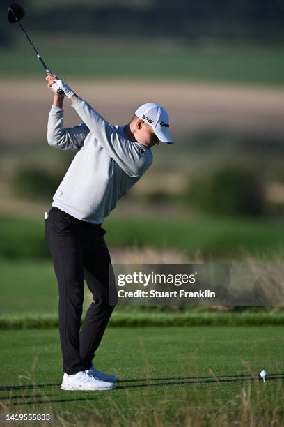 Nicolai Hojgaard of Denmark plays a shot during the pro - am prior to the Made in HimmerLand at Himmerland Golf & Spa Resort on August 31, 2022 in...