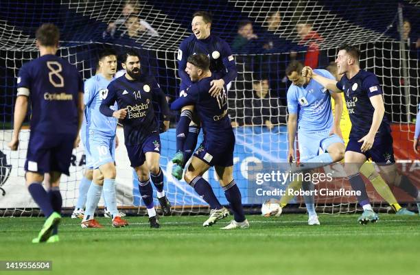 Chris Lucas of the Oakleigh Cannons celebrates after scoring a goal during the Australia Cup Quarter Final match between Oakleigh Cannons FC and...