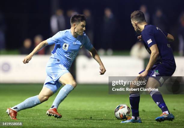 Joseph Lolley of Sydney FC runs with the ball during the Australia Cup Quarter Final match between Oakleigh Cannons FC and Sydney FC at Jack Edwards...