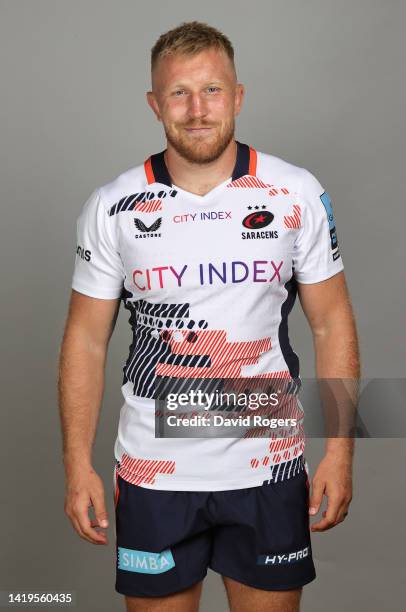 Jackson Wray of Saracens poses for a portrait during the squad photocall for the 2022-2023 Gallagher Premiership Rugby season at the StoneX Stadium...