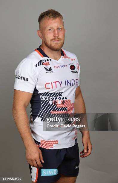 Jackson Wray of Saracens poses for a portrait during the squad photocall for the 2022-2023 Gallagher Premiership Rugby season at the StoneX Stadium...