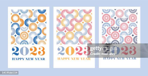 frohes neues jahr 2023 mit geometrischem feuerwerk - knallkörper stock-grafiken, -clipart, -cartoons und -symbole