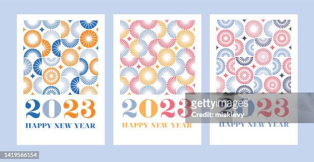 illustrazioni stock, clip art, cartoni animati e icone di tendenza di felice anno nuovo 2023 con fuochi d'artificio geometrici - happy new year design
