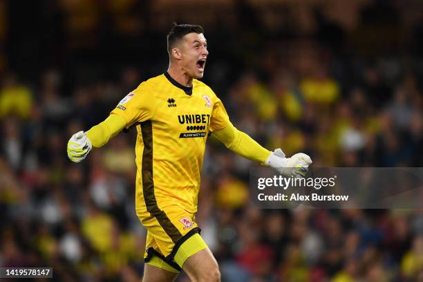 Liam Roberts of Middlesbrough celebrates after their team's first goal during the Sky Bet Championship match between Watford and Middlesbrough at...