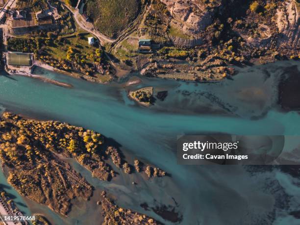 aerial view of sulak river, dagestan, north caucasus - dagestan stock-fotos und bilder