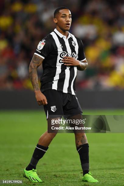 Joao Pedro of Watford looks on during the Sky Bet Championship match between Watford and Middlesbrough at Vicarage Road on August 30, 2022 in...
