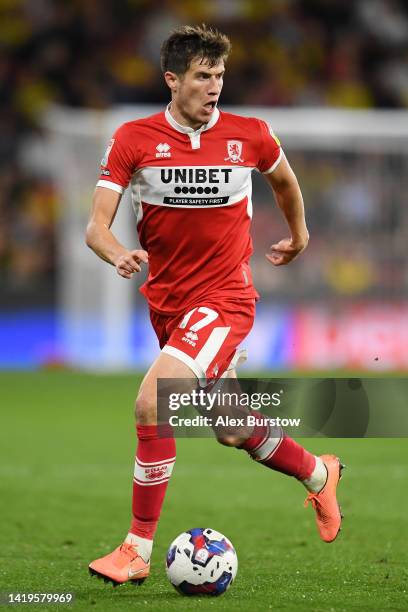 Paddy McNair of Middlesbrough runs with the ball during the Sky Bet Championship match between Watford and Middlesbrough at Vicarage Road on August...