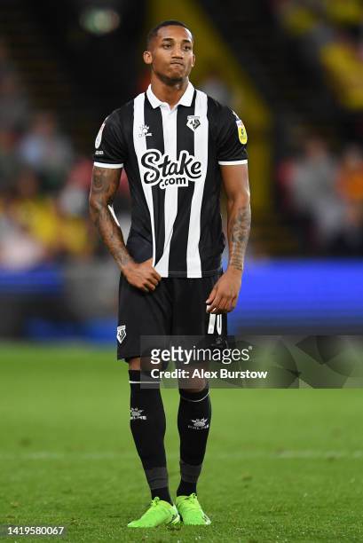 Joao Pedro of Watford reacts during the Sky Bet Championship match between Watford and Middlesbrough at Vicarage Road on August 30, 2022 in Watford,...