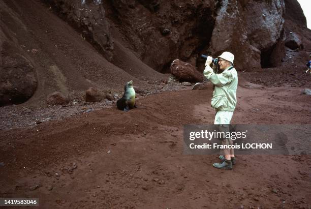 Touriste avec un appareil photo près d'une otarie dans les îles Galápagos, en 1992, Equateur.